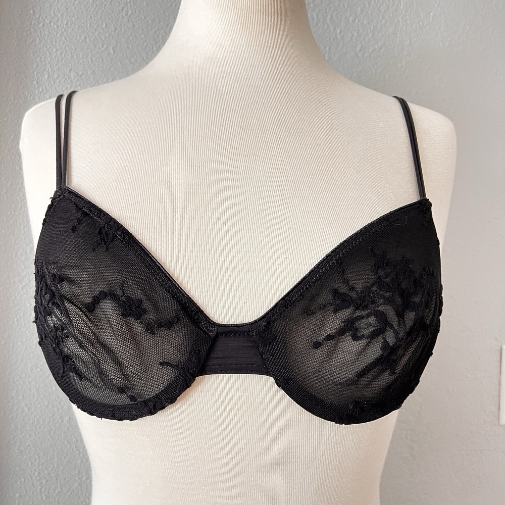 Calvin Klein 32B Black Lace And Mesh Underwire Bra‎ Floral Romantic Goth Alt